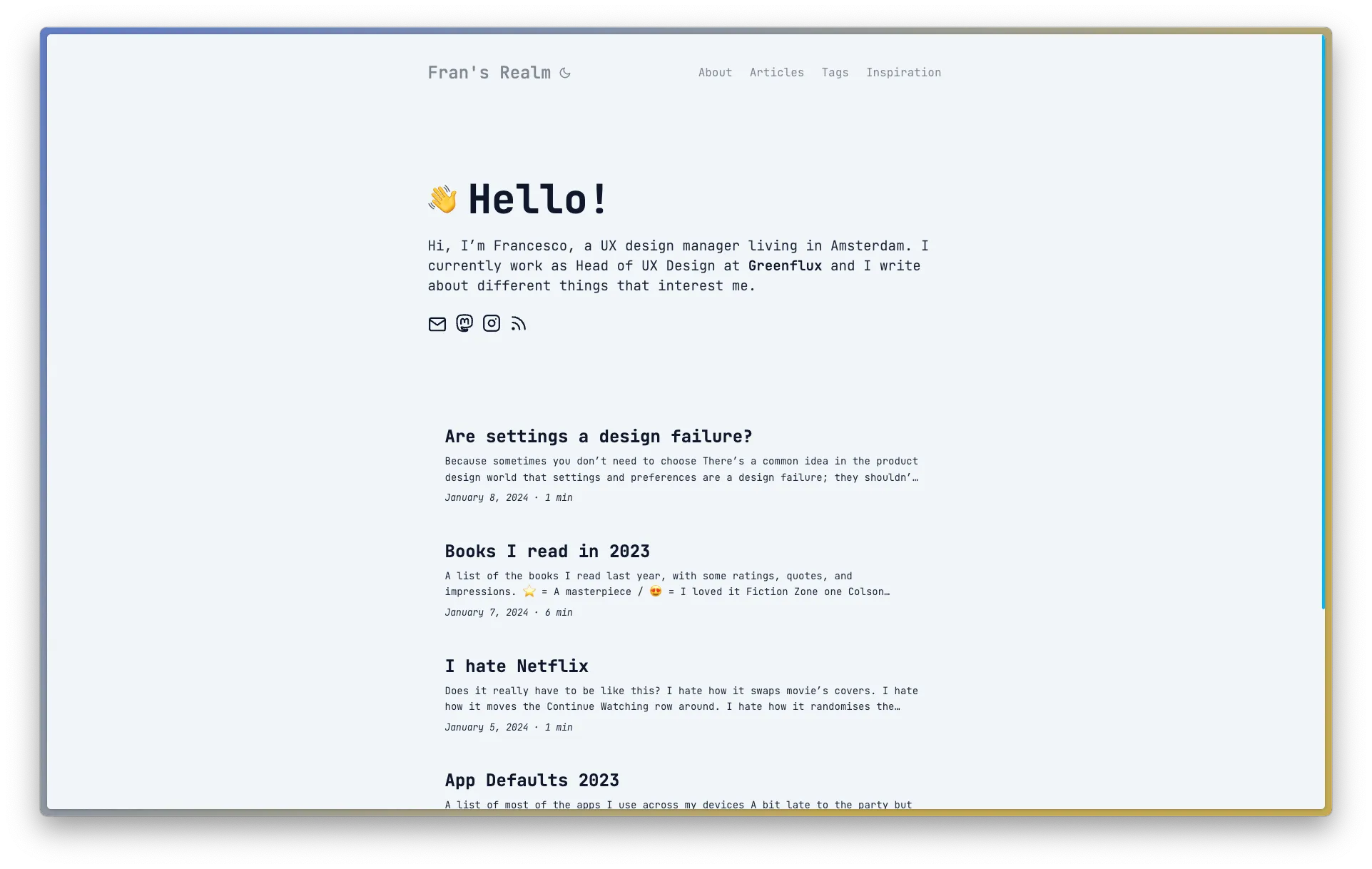 The homepage has a light background colour to it