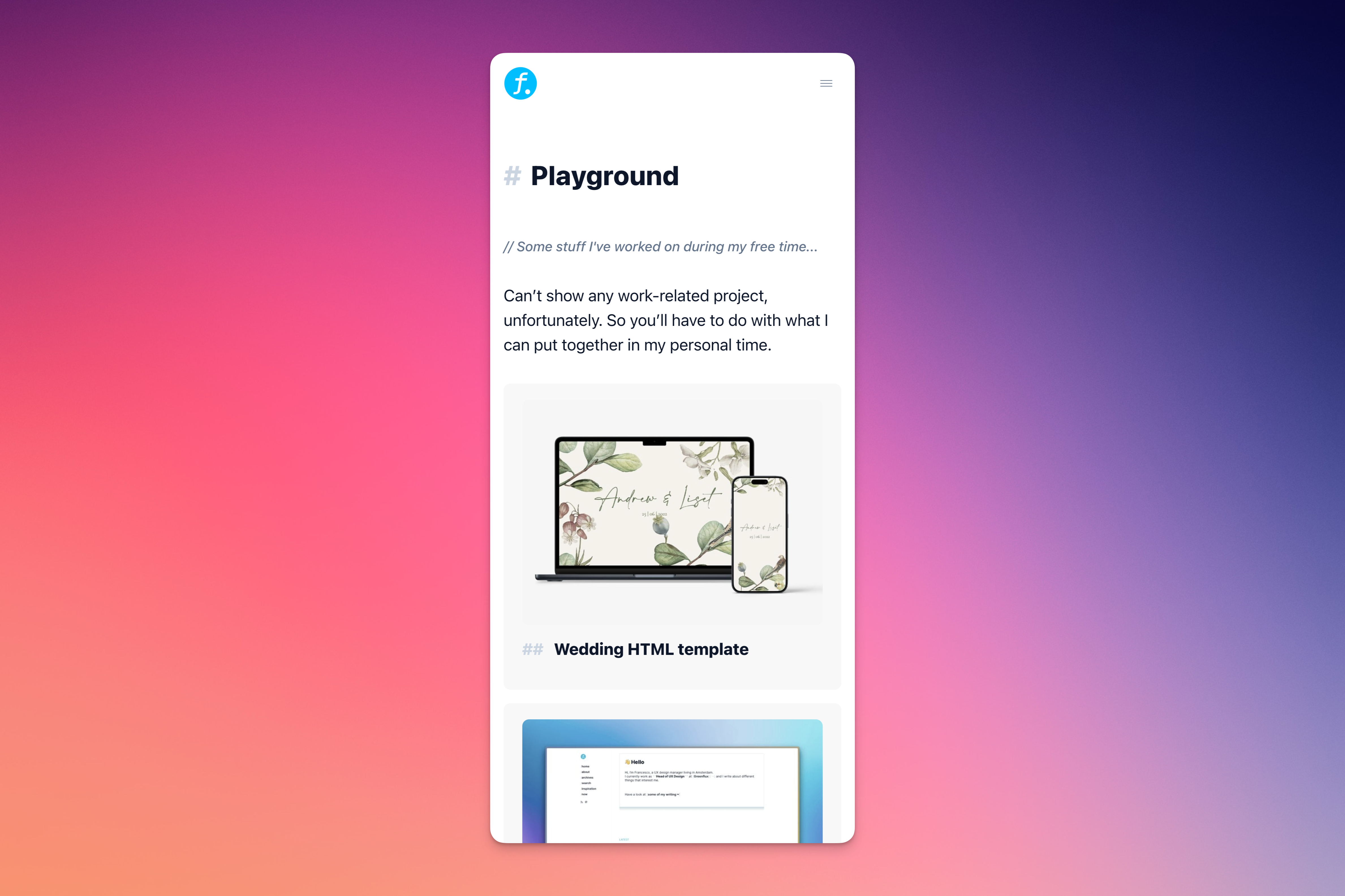 The playground page, where I list some of my projects, on mobile