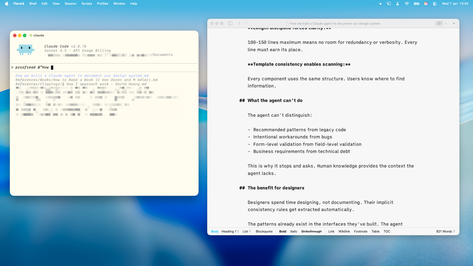 A screenshot of iTerm with Claude Code and iA Writer opened on the same file
