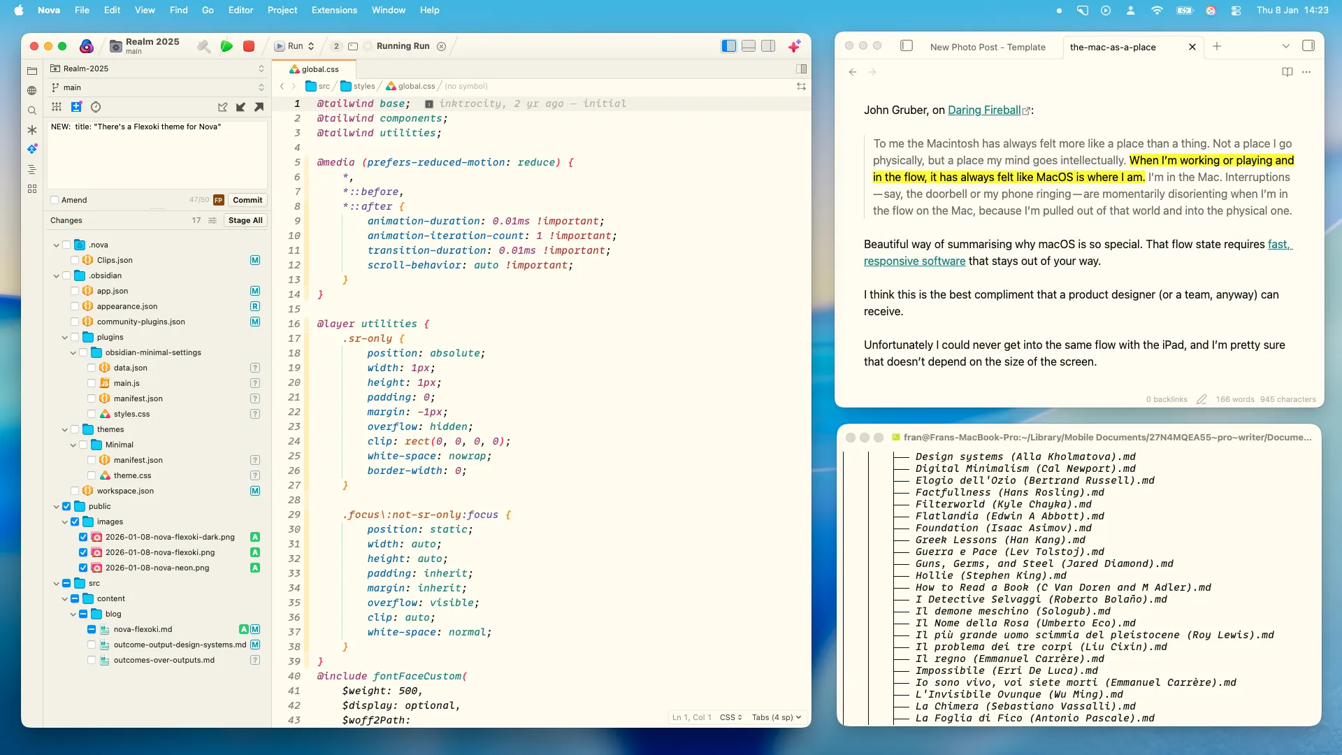 Nova, Obsidian, and iTerm with the Flexoki light theme applied