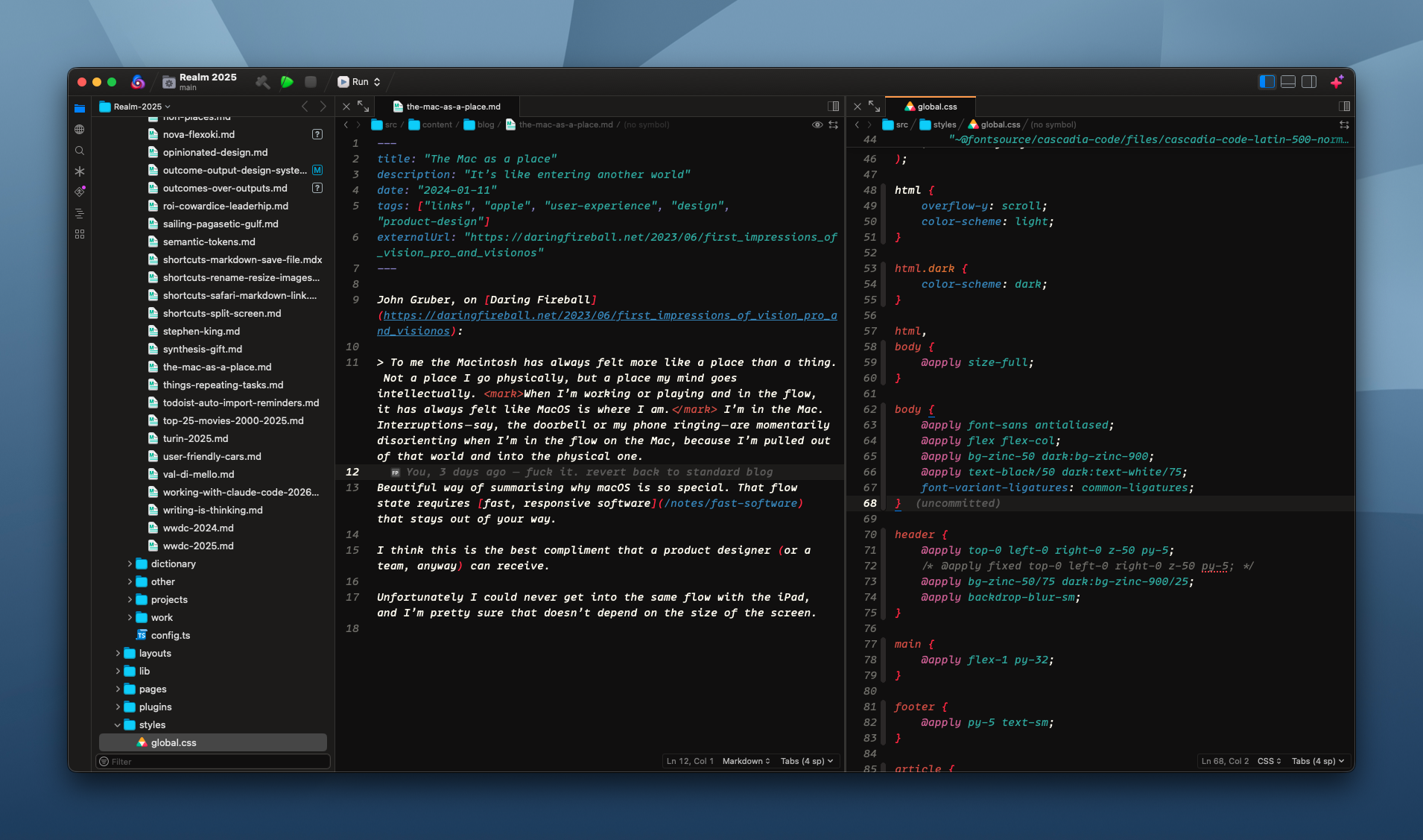 Nova editor with the Flexoki dark theme applied