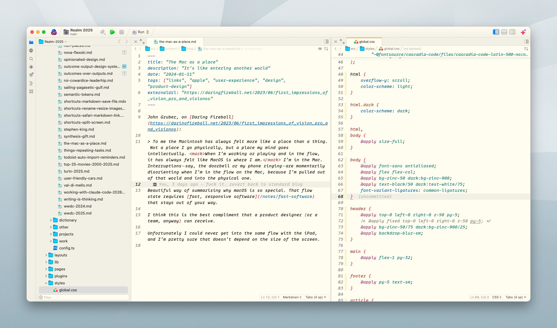 Nova editor with the Flexoki light theme applied