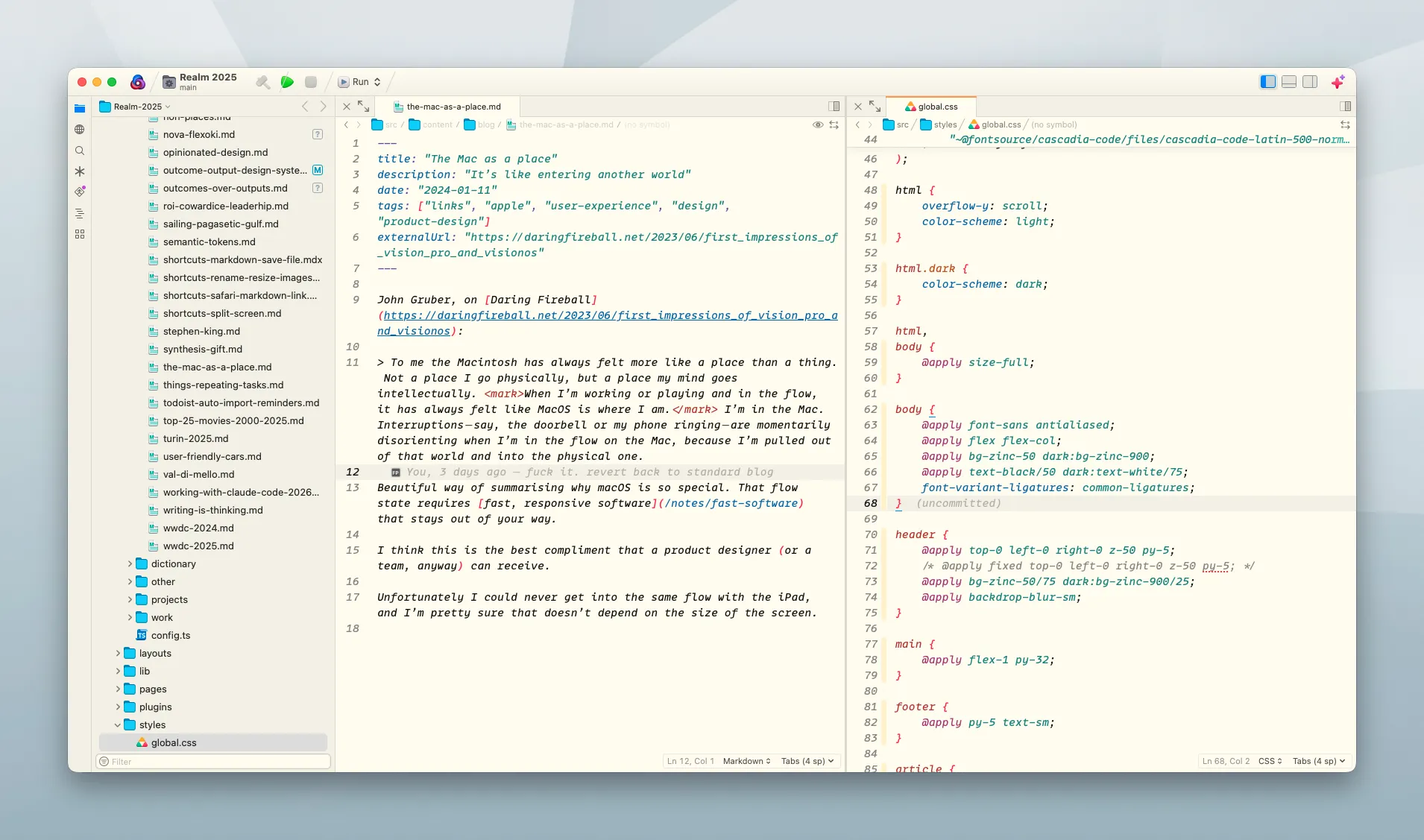Nova editor with the Flexoki light theme applied