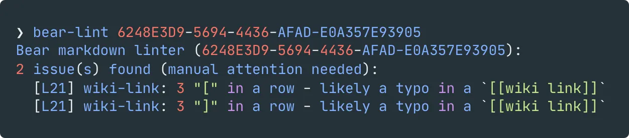 screenshot of bear-lint linting a single note