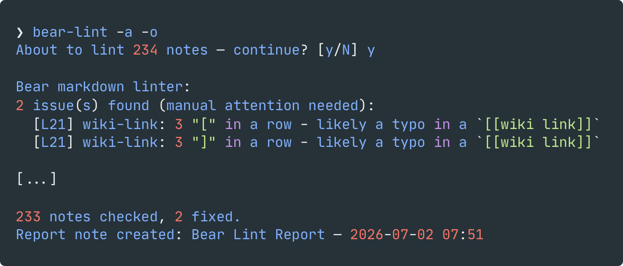 screenshot of bear-lint linting all notes