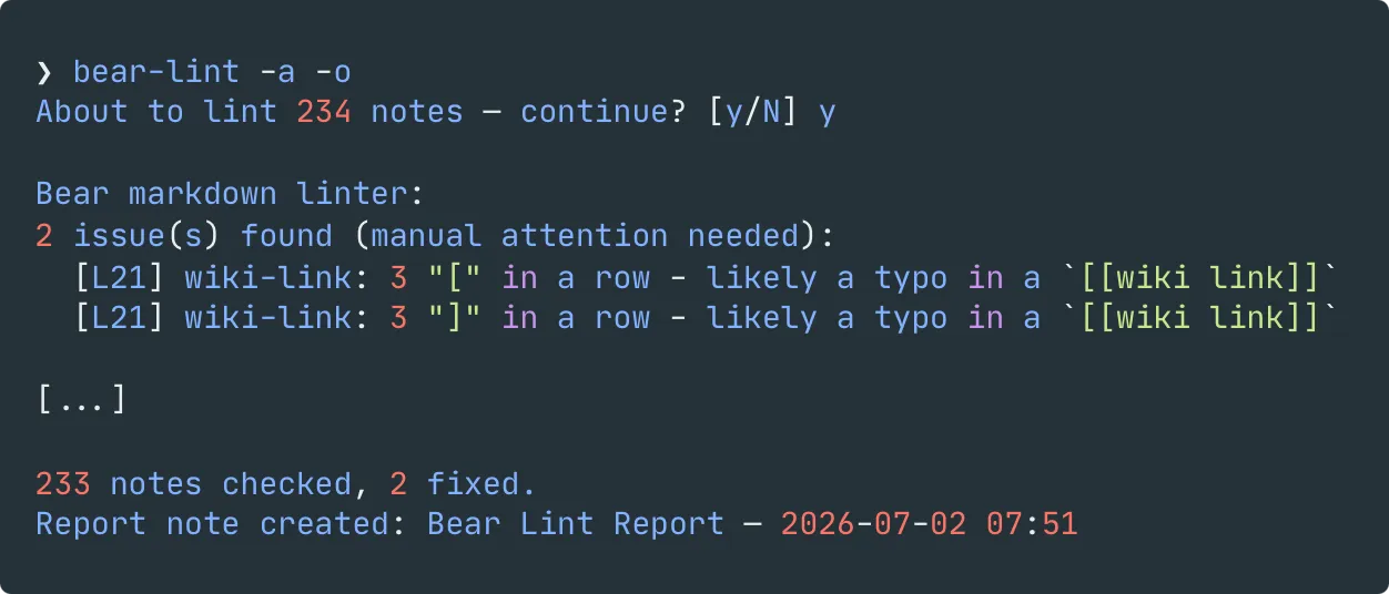 screenshot of bear-lint linting all notes